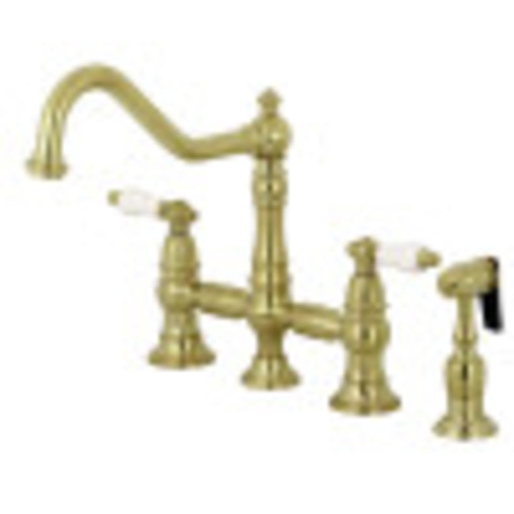 Kingston Brass KS3277PLBS Restoration 8-Inch Bridge Kitchen Faucet with Sprayer, Brushed Brass - BNGBath