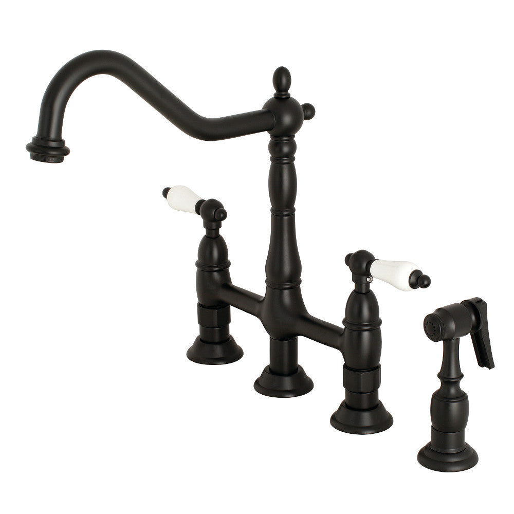 Kingston Brass KS1270PLBS Heritage Bridge Kitchen Faucet with Brass Sprayer, Matte Black - BNGBath