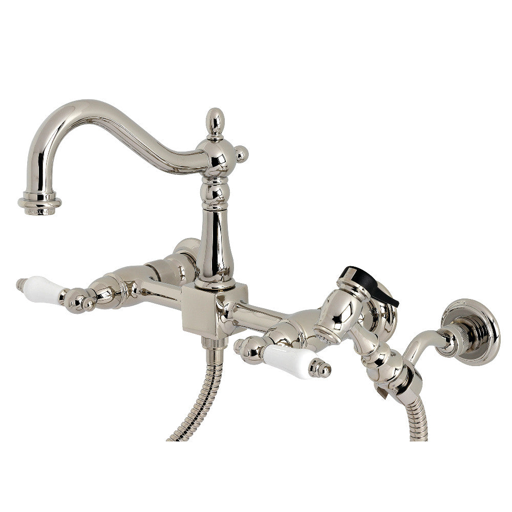 Kingston Brass KS1266PLBS Heritage Wall Mount Bridge Kitchen Faucet with Brass Sprayer, Polished Nickel - BNGBath