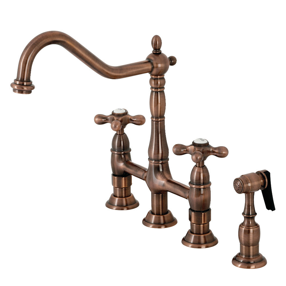 Kingston Brass KS127AXBSAC Heritage Bridge Kitchen Faucet with Brass Sprayer, Antique Copper - BNGBath